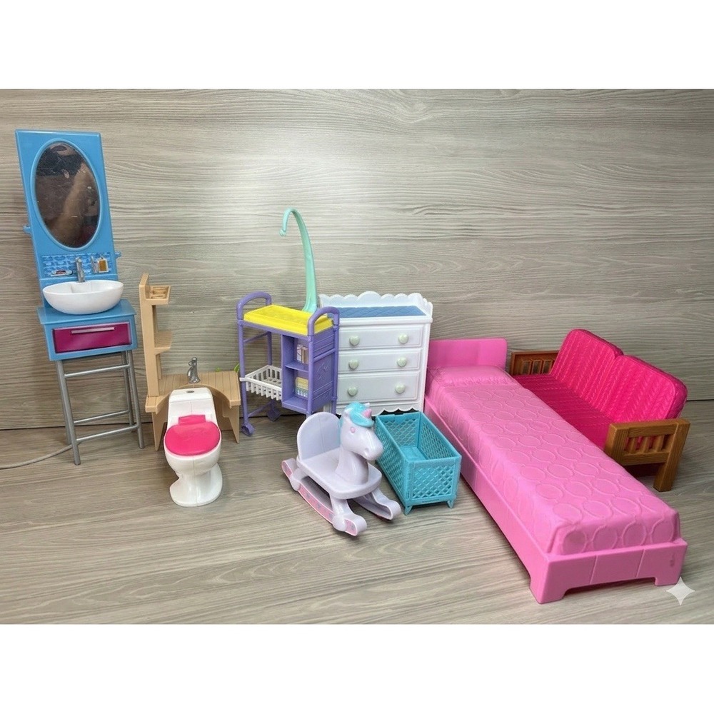 Barbie Furniture & Accessories Lot - Bathroom, Bedroom & Nursery Set